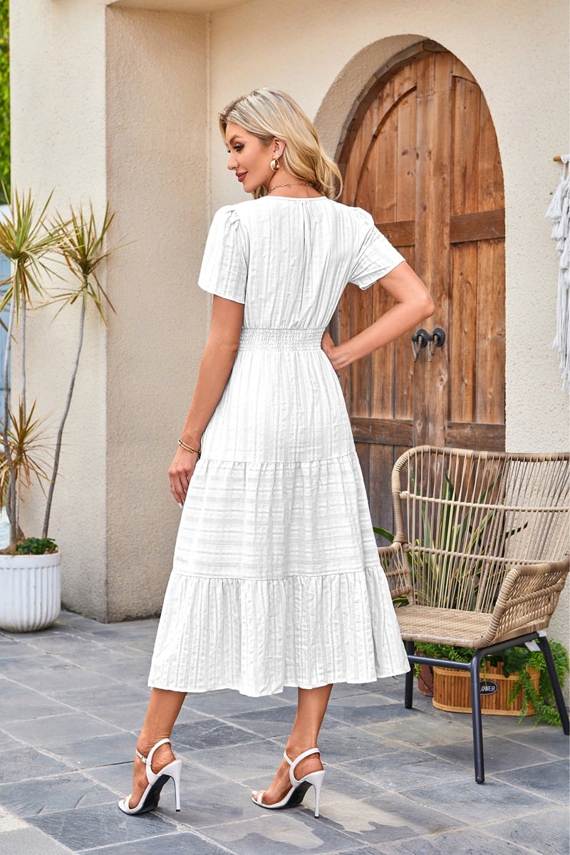 Midi Maxi Dresses Lightweight Short Sleeve V Neck Elastic Waist Boho Beach Dress Pockets