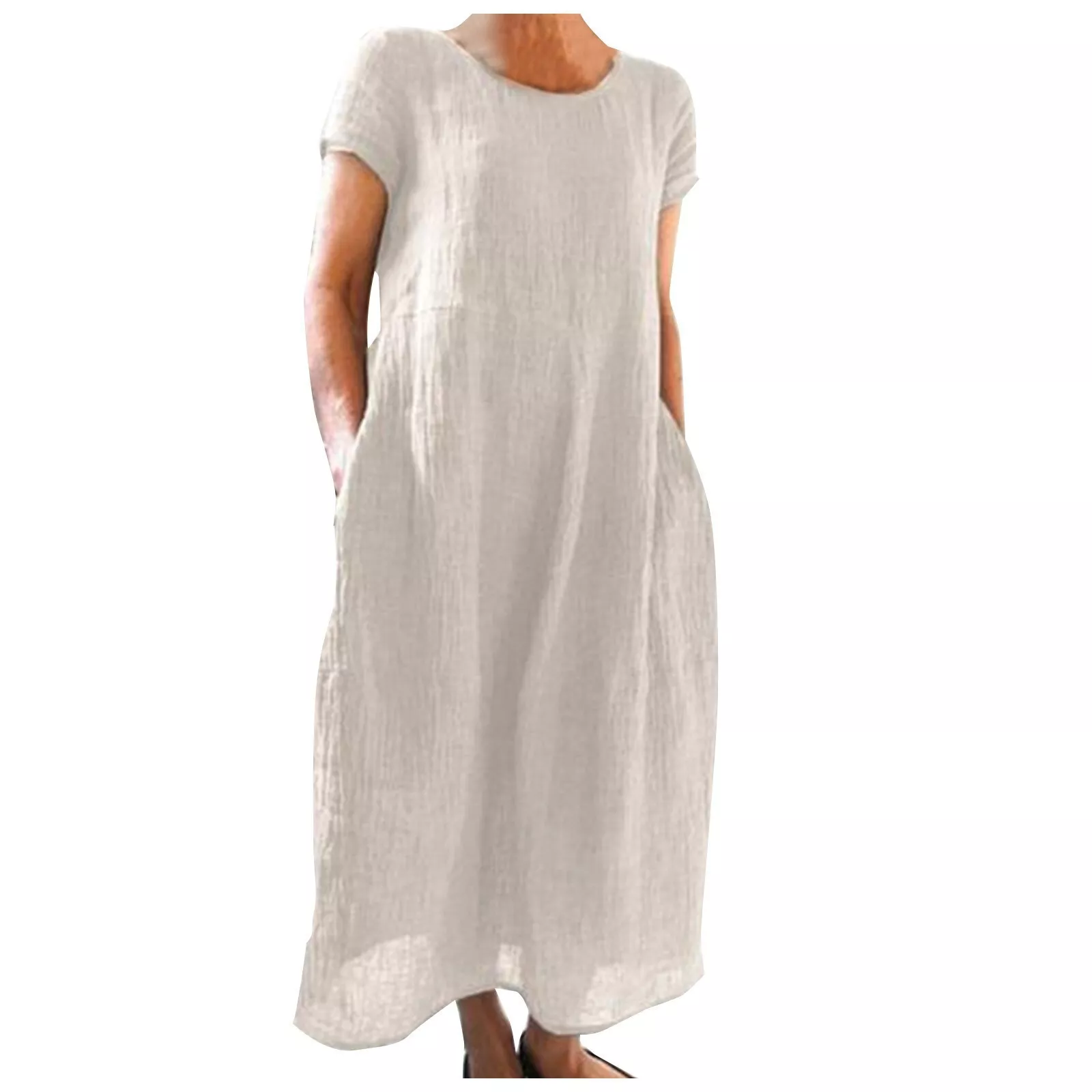 Casual Women's Short Sleeve Holiday Linen Cotton Long Loose Dress PLUS SIZE