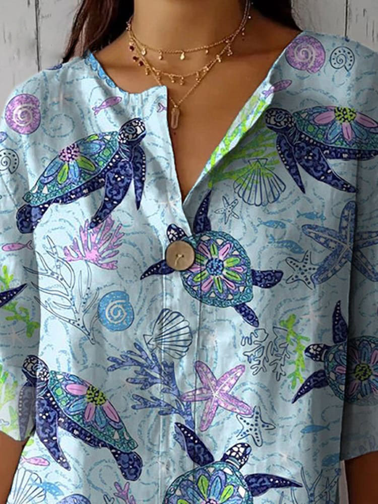 Sea Turtle And Coral Reef Pattern Printed Women's Casual Cotton Linen Shirt