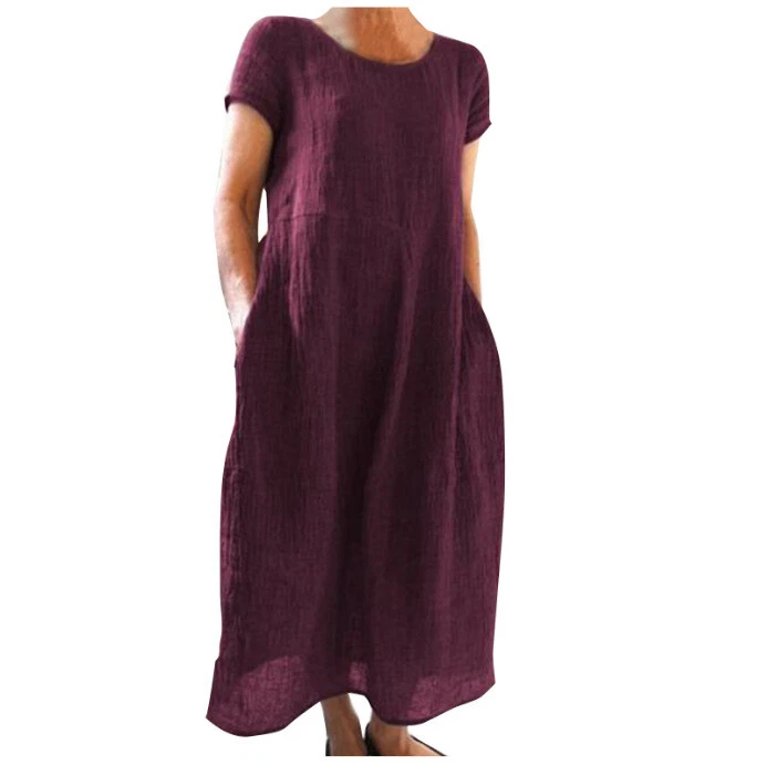 Casual Women's Short Sleeve Holiday Linen Cotton Long Loose Dress PLUS SIZE