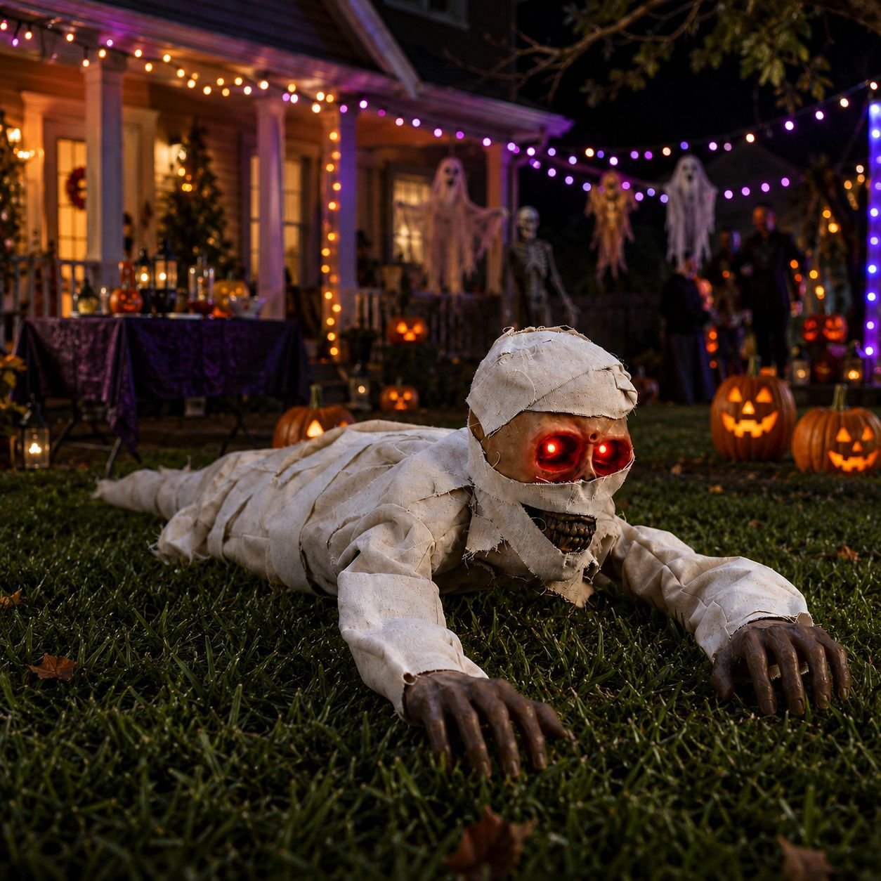 Animated crawling mummy with red glowing eyes in a Halloween yard scene