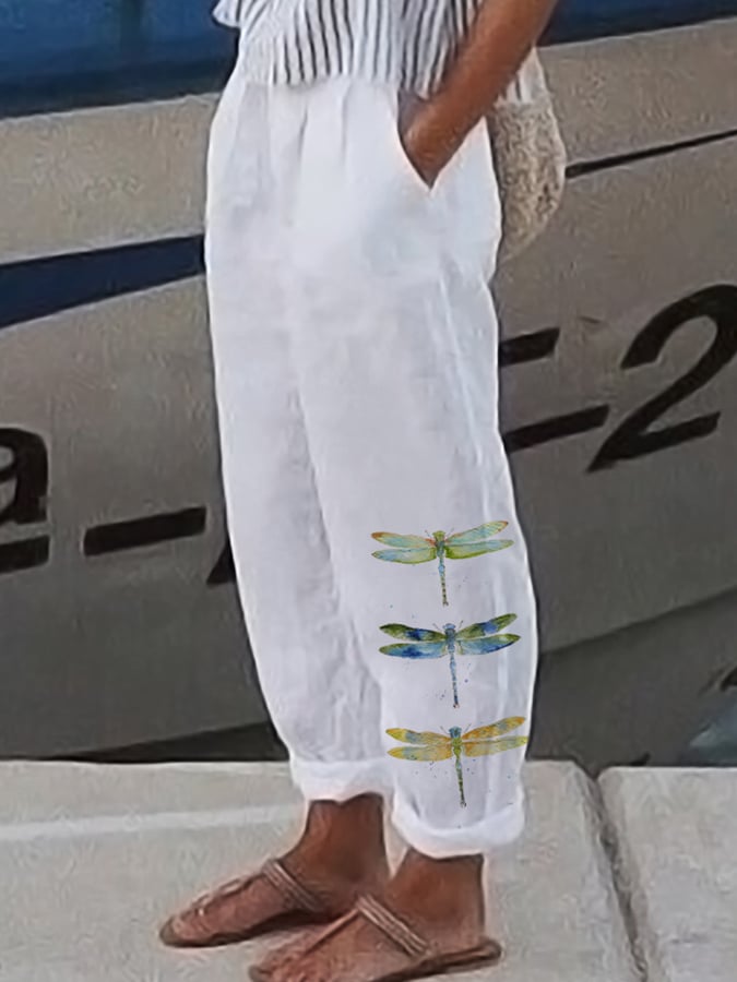 Women's Watercolor Dragonfly Print Cotton Linen Casual Pants