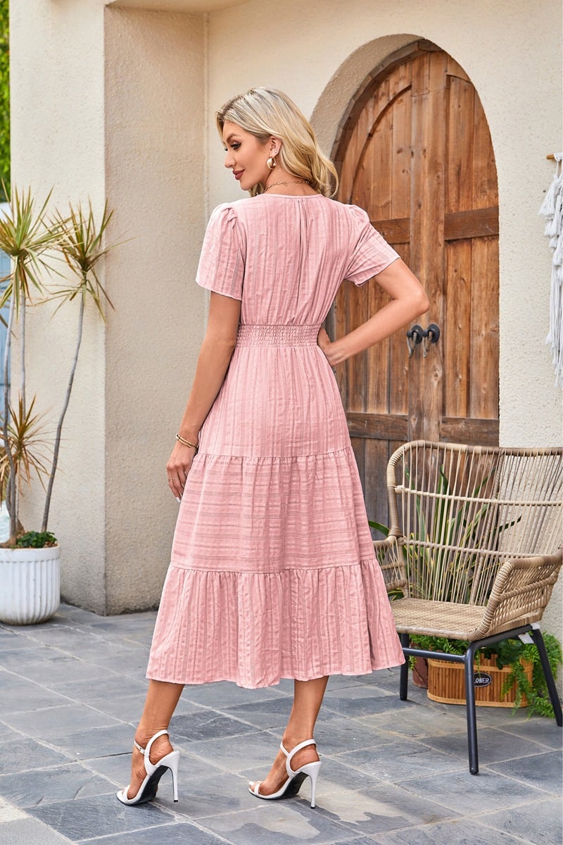 Midi Maxi Dresses Lightweight Short Sleeve V Neck Elastic Waist Boho Beach Dress Pockets