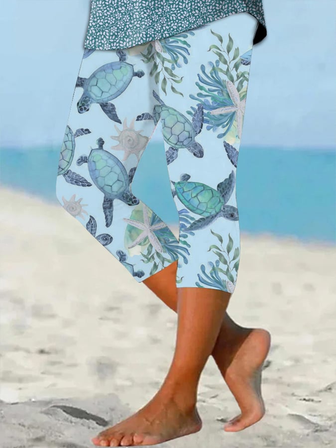  Buy 3 Get 15% Off Women's Hawaiian Turtle Print Resort Casual Leggings