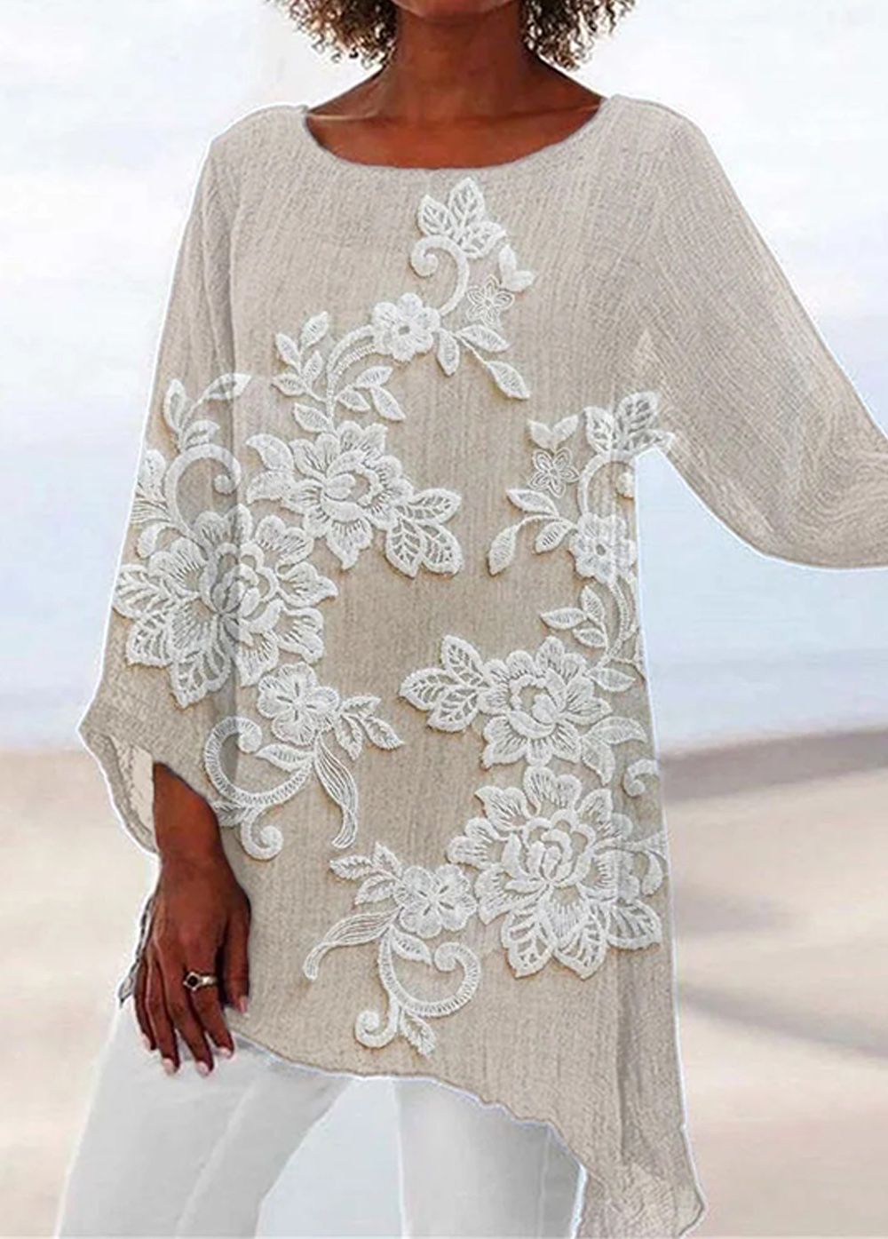 Vintage Floral Lace Embroidered Flowy Tunic Long Sleeve Shirt