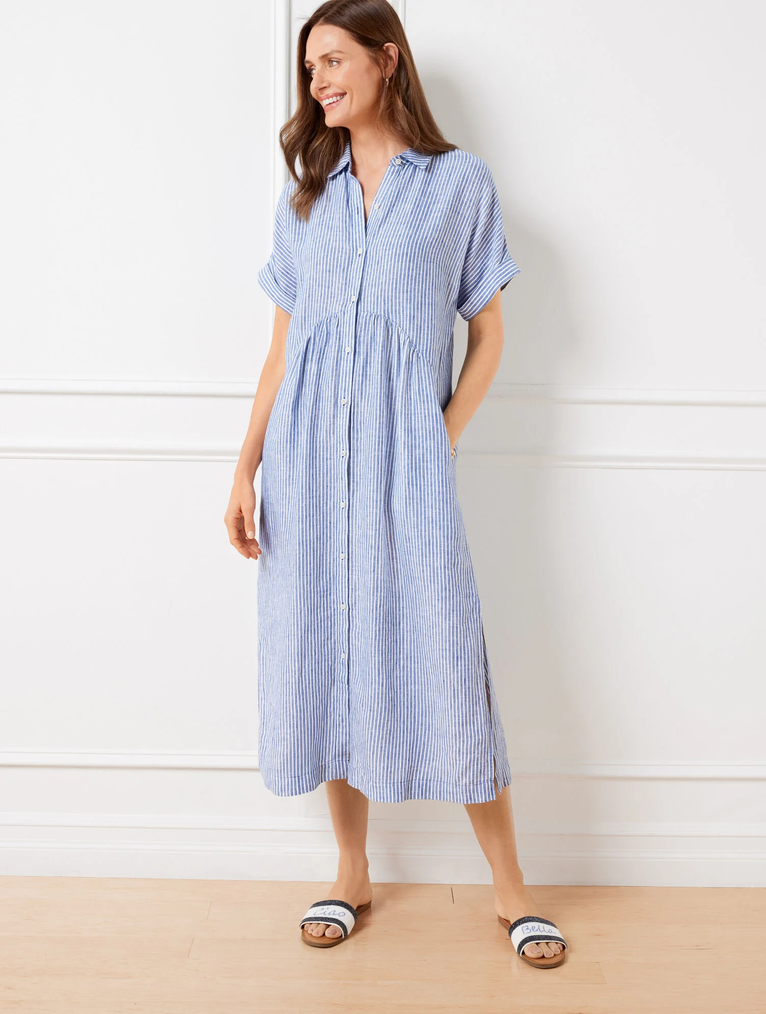 NEW🔥Drop Waist Linen Shirtdress - Happy Stripe