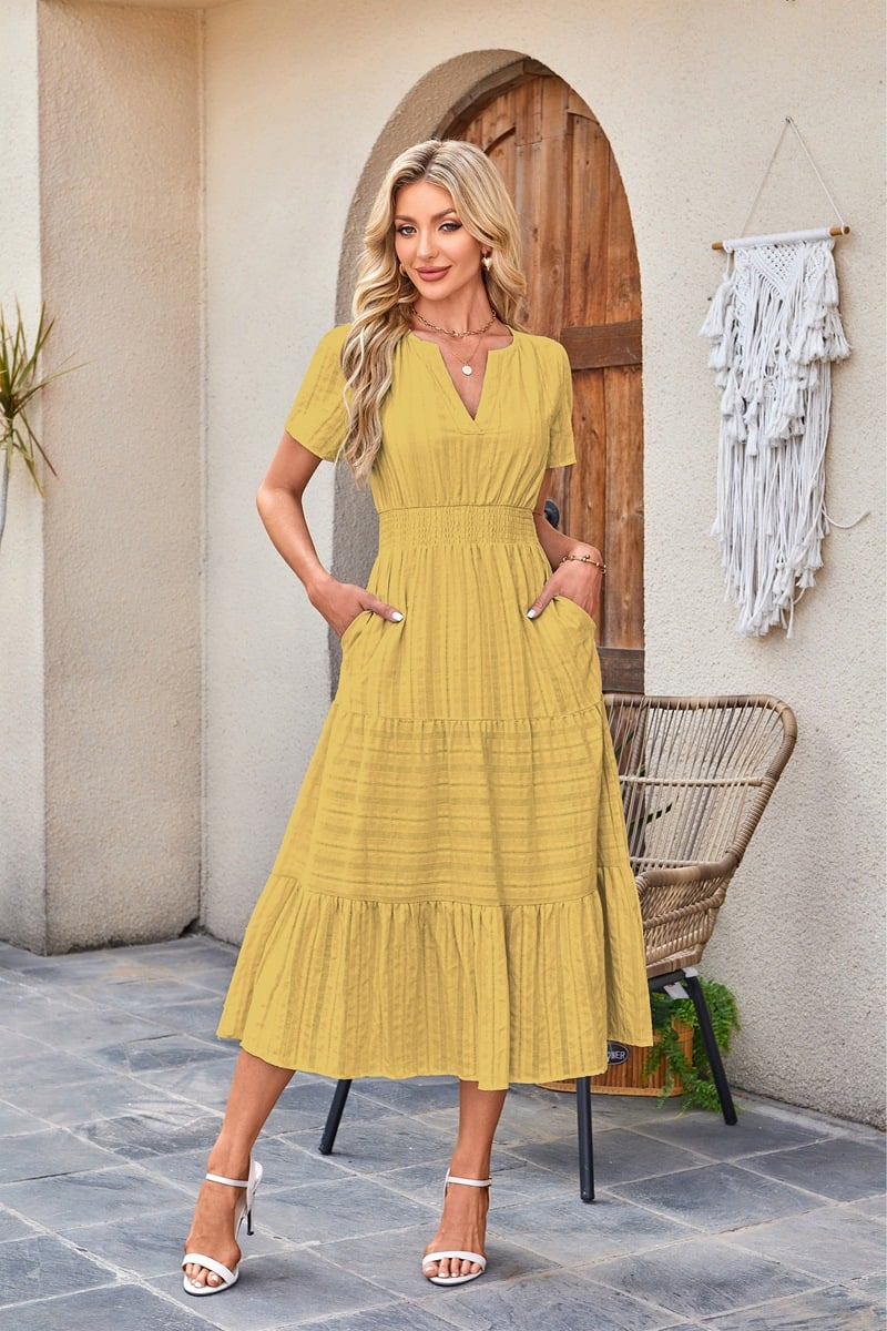 Midi Maxi Dresses Lightweight Short Sleeve V Neck Elastic Waist Boho Beach Dress Pockets
