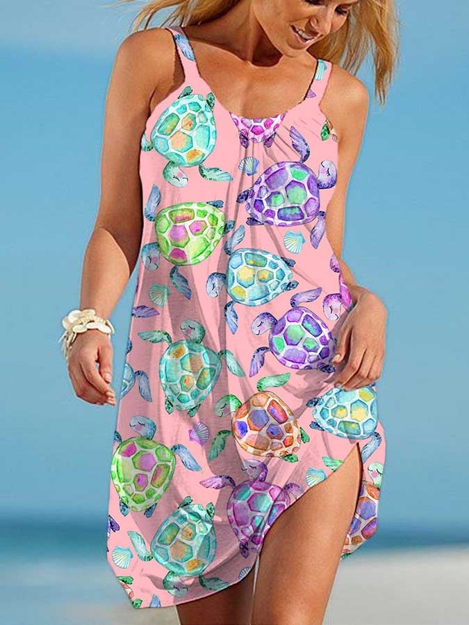  Buy 3 Get 15% Off Vacation Watercolor Sea Turtle Print Slip Dress
