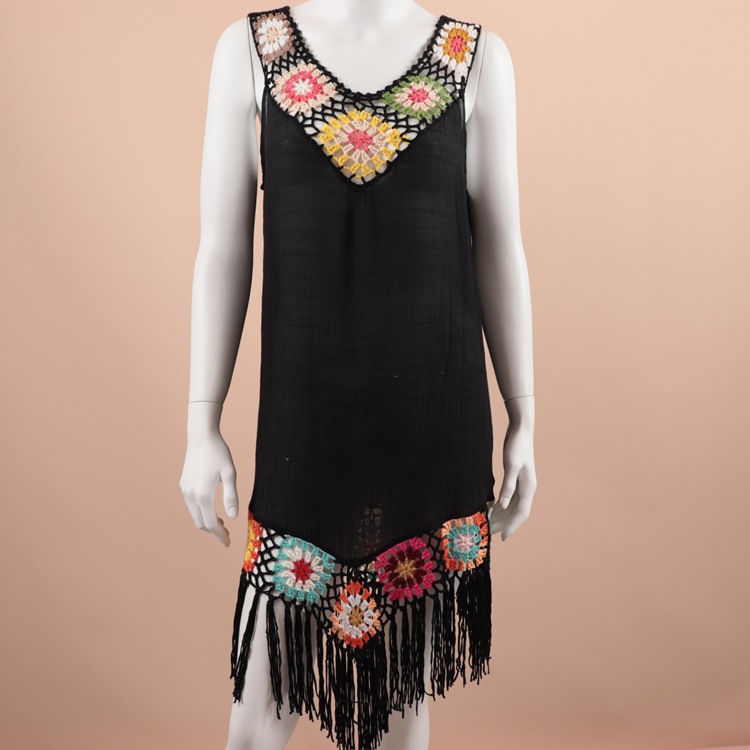 V Neck Asymmetrical Crochet Trim Tassel Cover Up