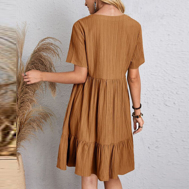 Ladies Pleated Ruffle Baggy Solid Dresses