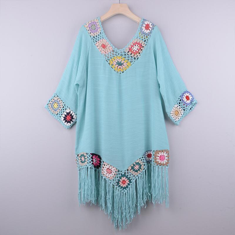 V Neck Asymmetrical Crochet Trim Tassel Cover Up
