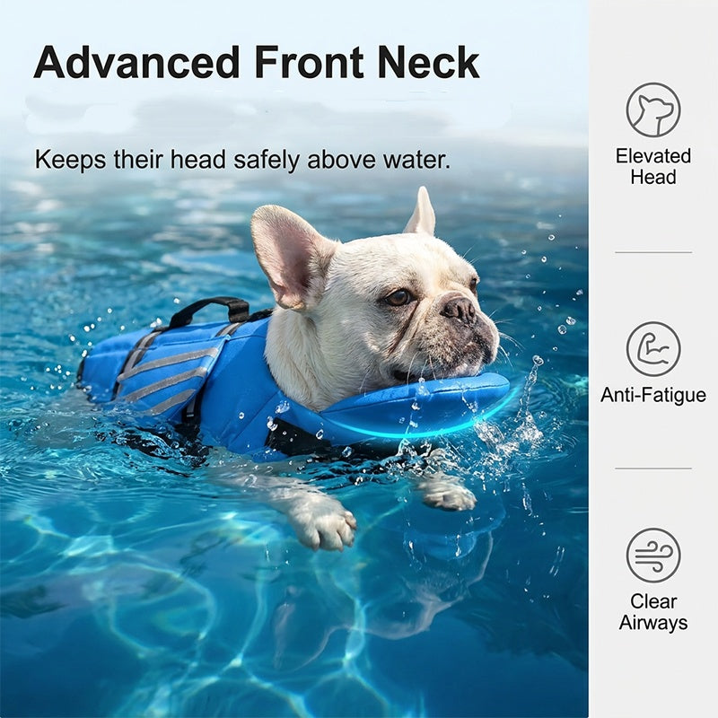 Front neck float flap on dog life jacket for added support