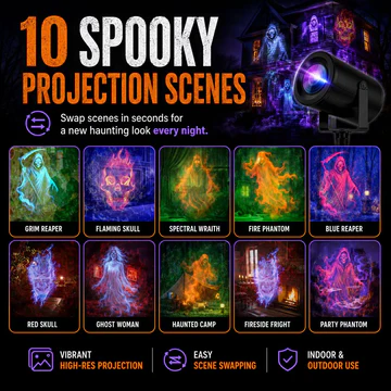 🔥👻 2026 Upgraded Halloween Projector Lamp, 32FT Large Screen HD Projection Light, Indoor Outdoor Spooky Halloween Wall Decor for Yard, Window & Party Decoration