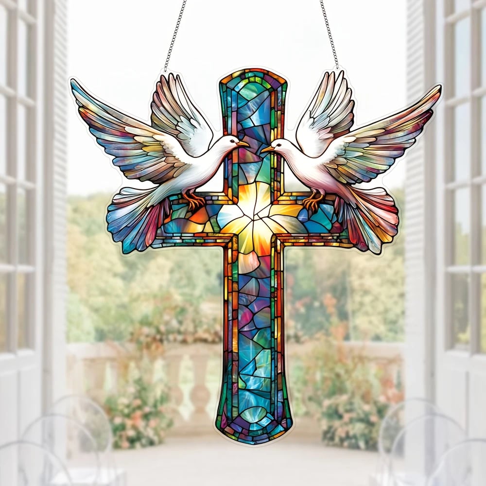 🕊️✨Cross & Doves Stained Art Ornament (8 inches)
