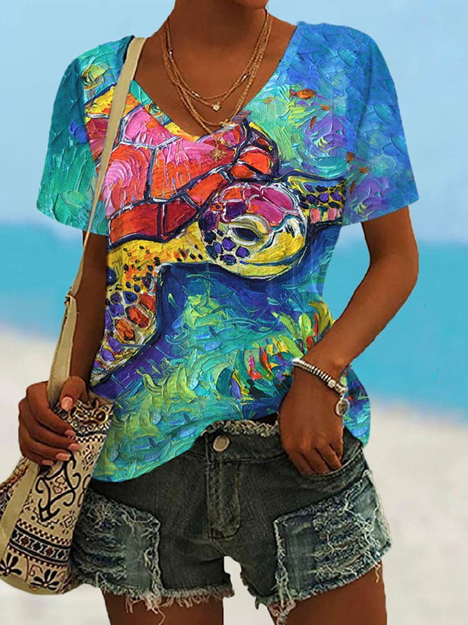 🔥Buy 3 Get 10% Off🔥V-neck Sea ​​Turtle Oil Painting Print T-Shirt