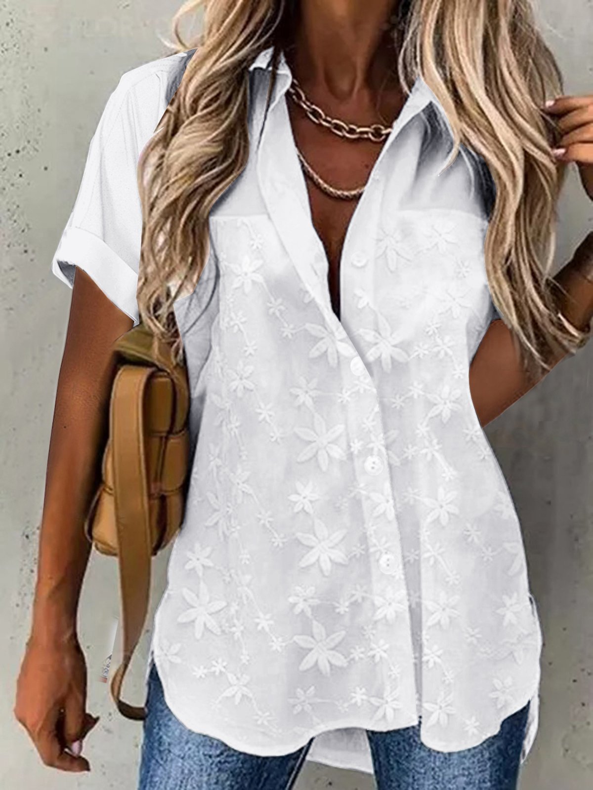 V Neck Embroidery Simple Cotton Plain Loose Blouse