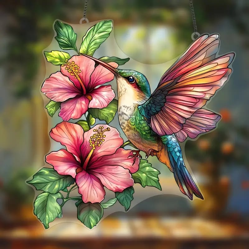 🌸🐦Hibiscus Hummingbird Stained Art Ornament (8 inches)
