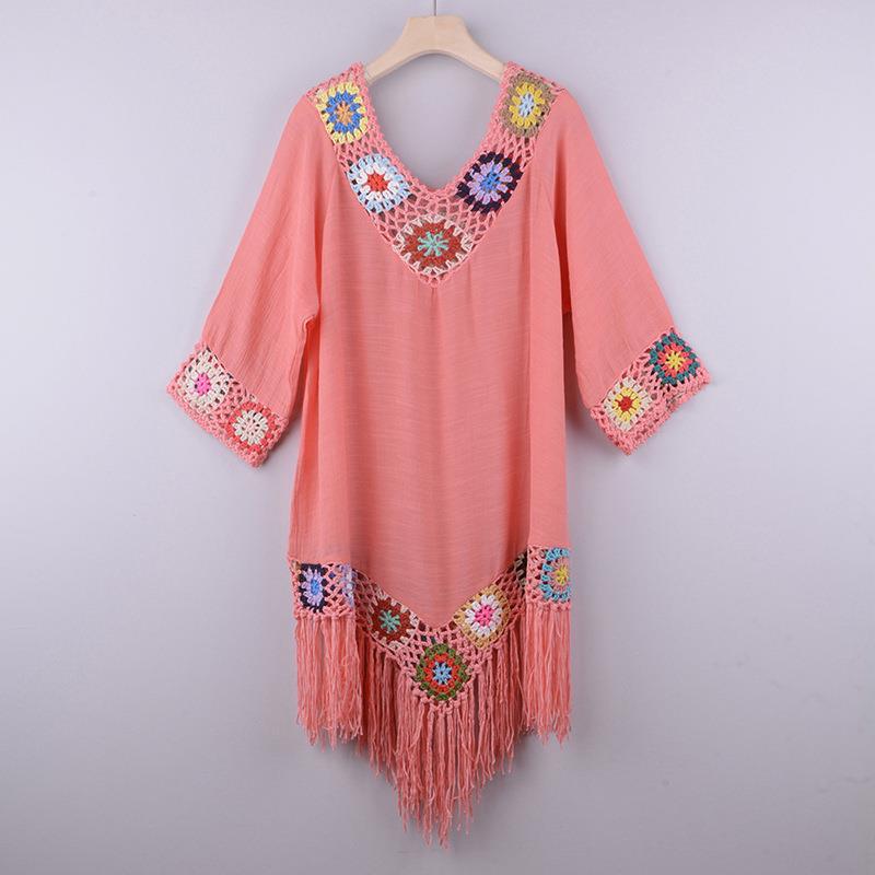 V Neck Asymmetrical Crochet Trim Tassel Cover Up