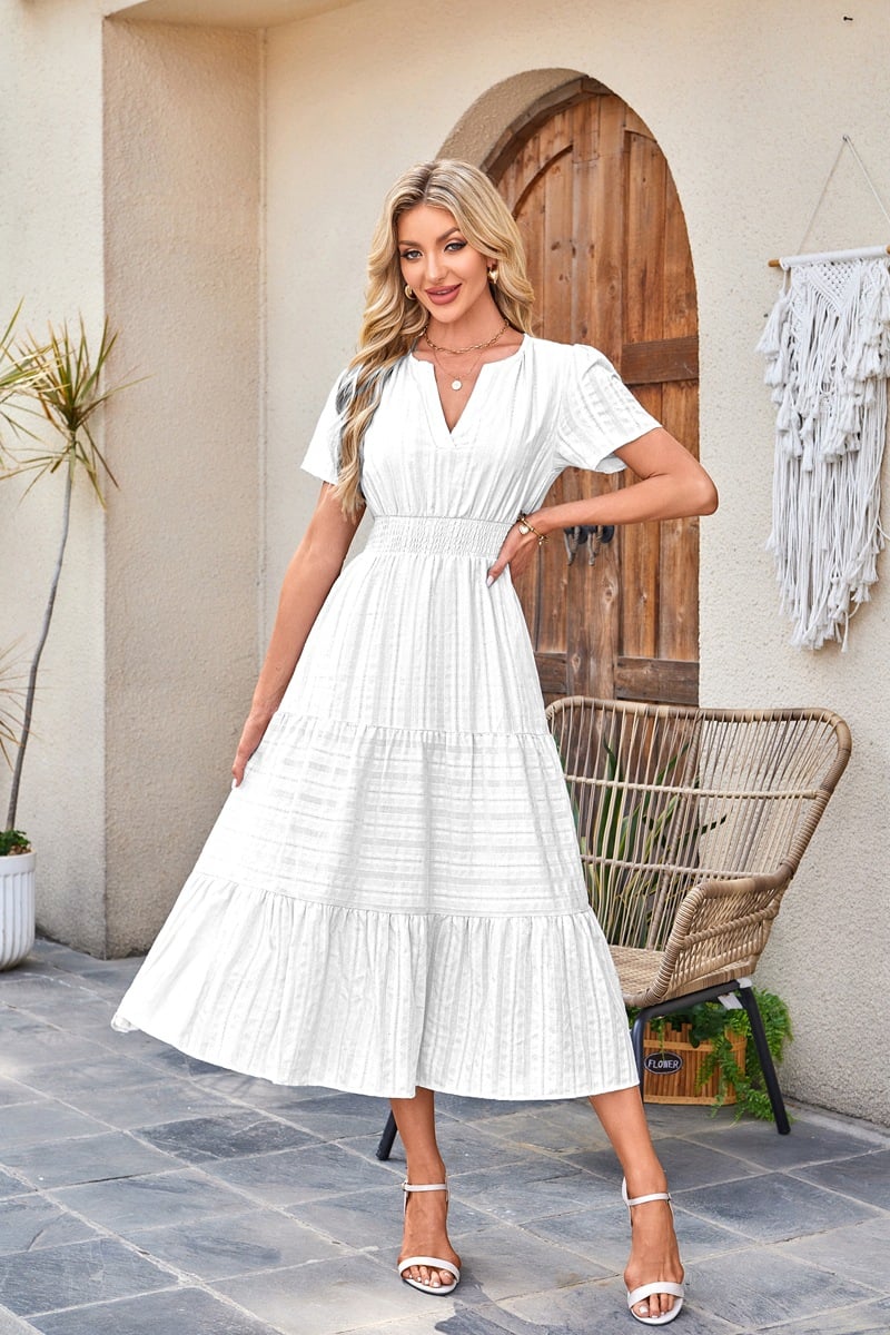 Midi Maxi Dresses Lightweight Short Sleeve V Neck Elastic Waist Boho Beach Dress Pockets