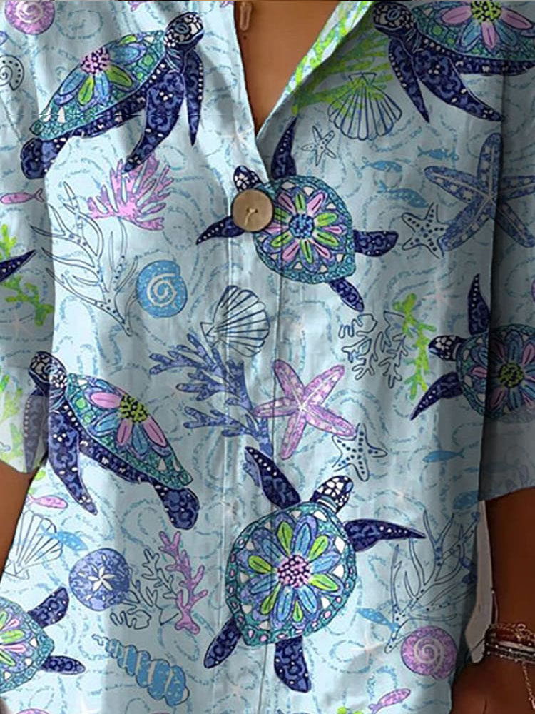 Sea Turtle And Coral Reef Pattern Printed Women's Casual Cotton Linen Shirt