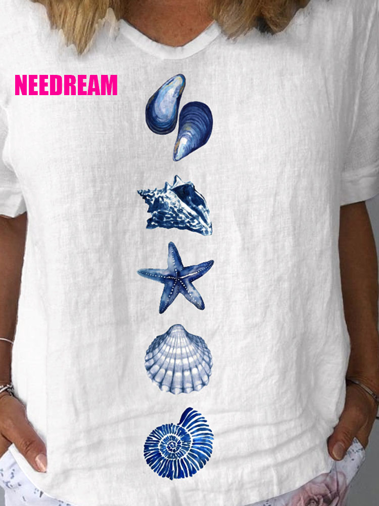 Women's Watercolor Seashell Pattern Pattern Print Cotton And Linen Top