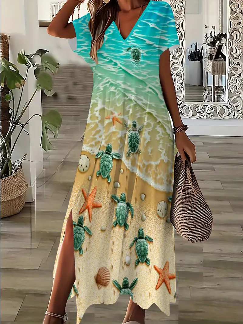 plus size turtle   print   dress casual short sleeve dress for spring summer womens plus size clothing details 1