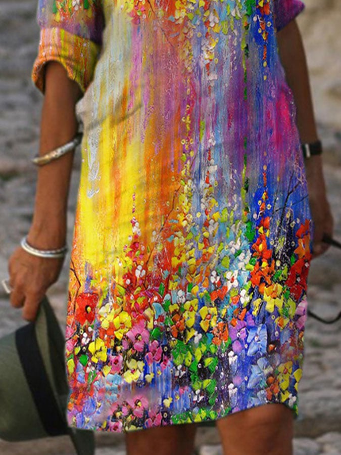  Buy 3 Get 15% Off V Neck Vintage Flower Oil Painting Gradient Print Dress