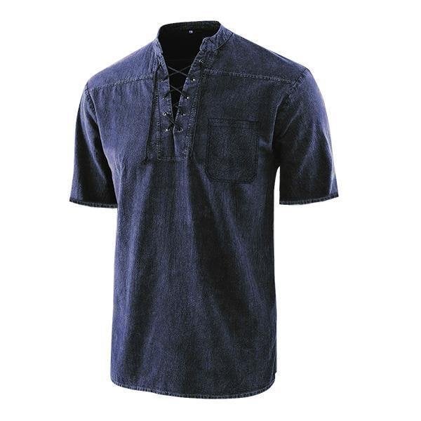 Men Gothic Retro T Shirt Lace-up V-neck Linen Pocket Short Sleeve Tee Shirt Loose Tops