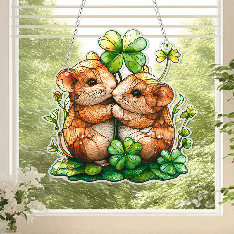 🍀🐹Lucky Clover Hamster Stained Art Ornament (8 inches)