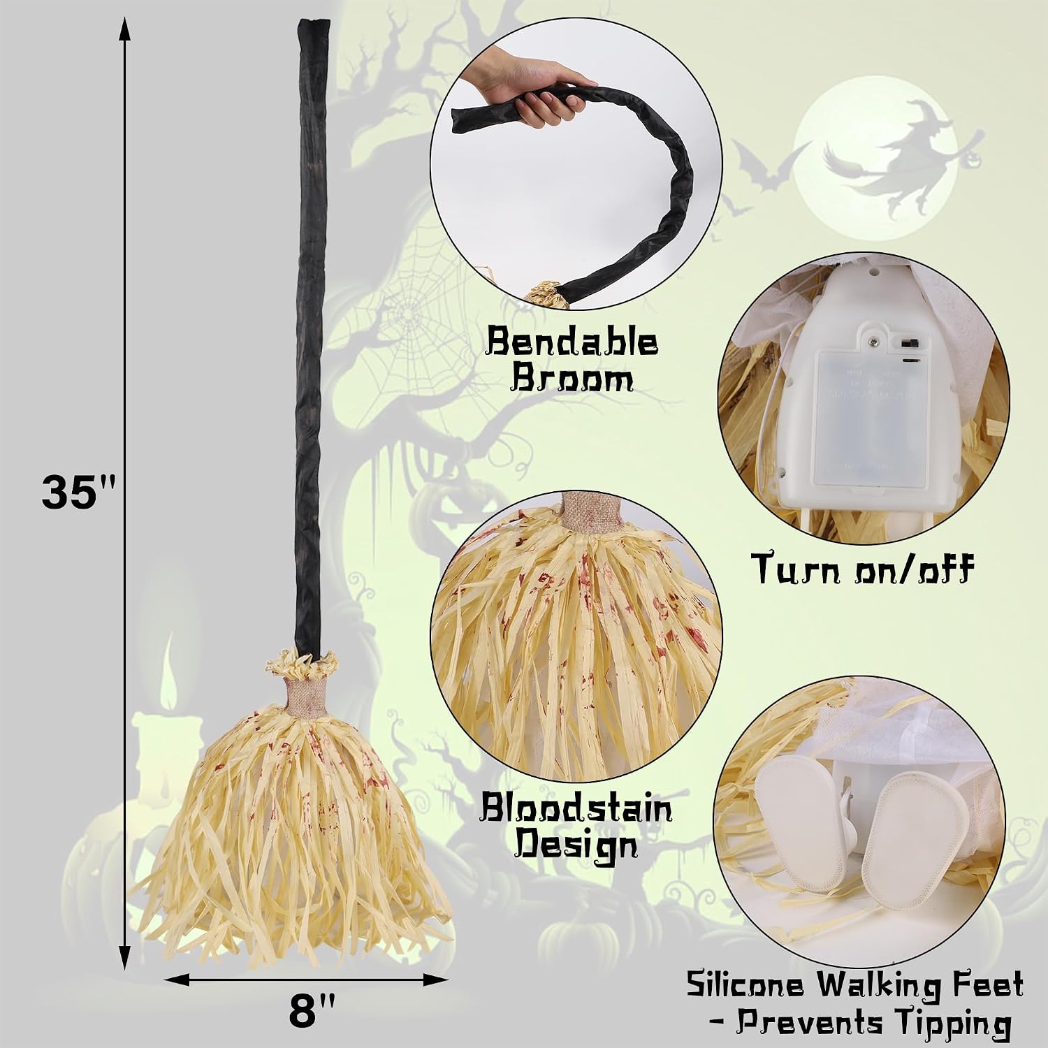 🔥 LAST DAY: 49% OFF 🔥🧙‍♀️ Animated Walking Witch Broom with Spooky Sounds & Green LED Lights 🧹✨