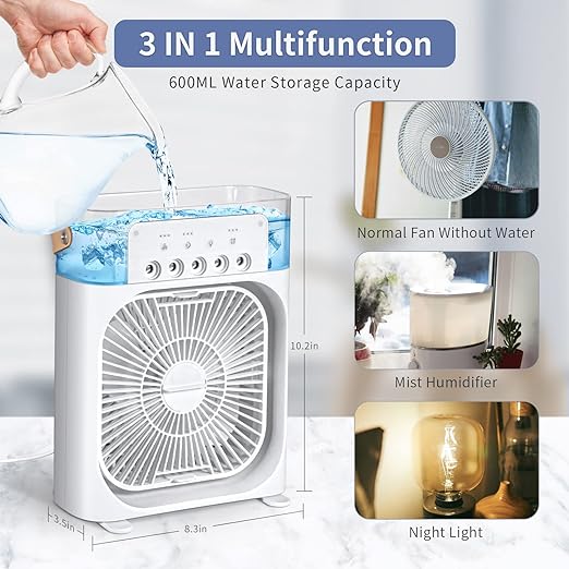 ❄️ Mini Evaporative Cooling Fan – 3 Speeds, Timer & Color Glow