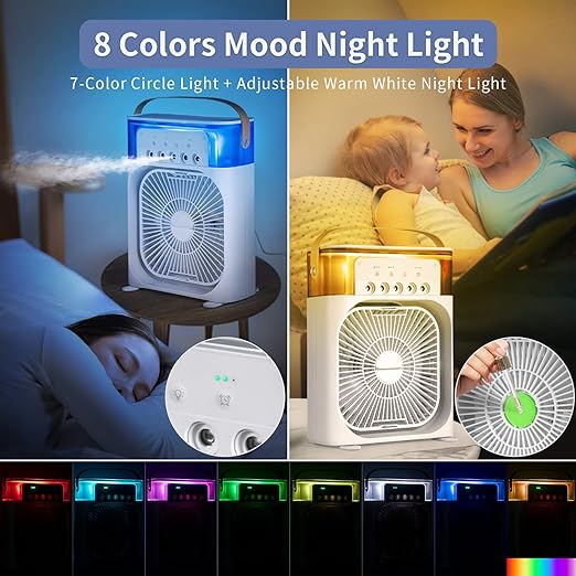 ❄️ Mini Evaporative Cooling Fan – 3 Speeds, Timer & Color Glow