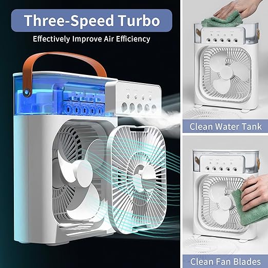 ❄️ Mini Evaporative Cooling Fan – 3 Speeds, Timer & Color Glow