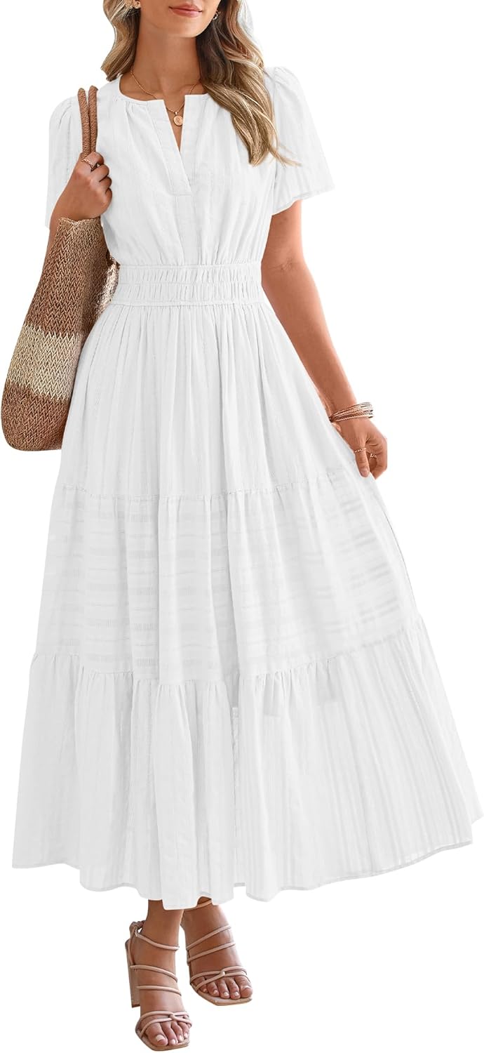Midi Maxi Dresses Lightweight Short Sleeve V Neck Elastic Waist Boho Beach Dress Pockets