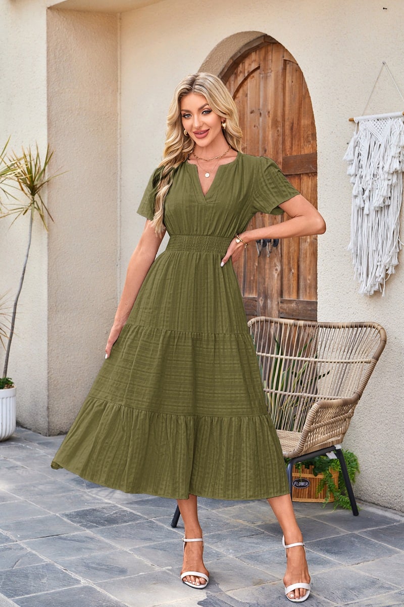 Midi Maxi Dresses Lightweight Short Sleeve V Neck Elastic Waist Boho Beach Dress Pockets
