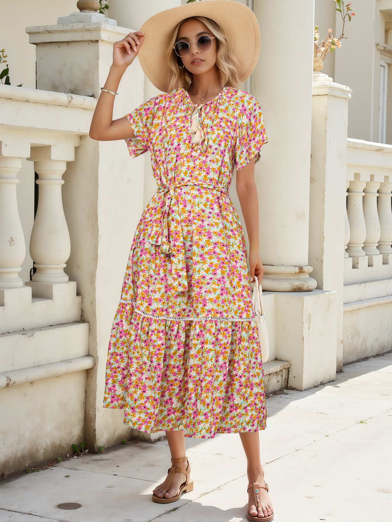 Cotton Printed Dress with Eyelet Lace Trim and Ruffled Paneling – Short Sleeves
