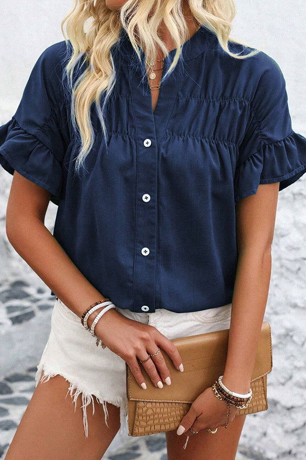 Solid Color Ruffle Sleeve Casual Tops
