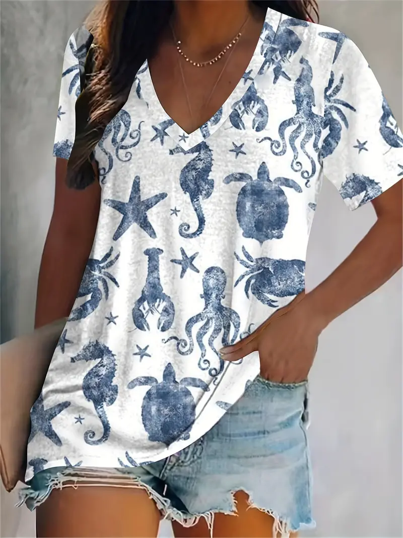Seahorse Print V Neck T-Shirt
