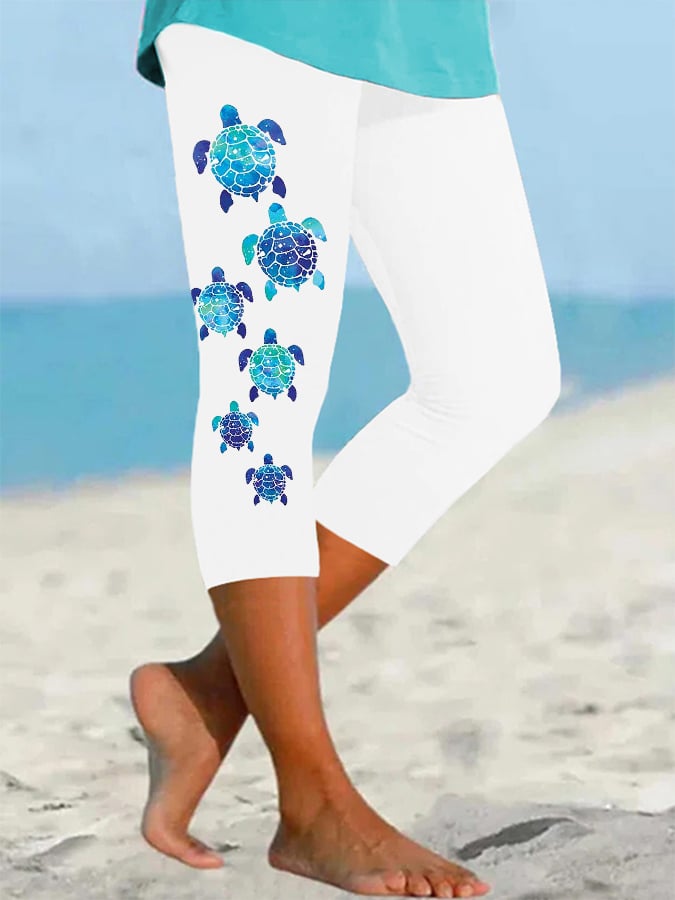 Women's Cute Sea Turtle Print Cropped Leggings