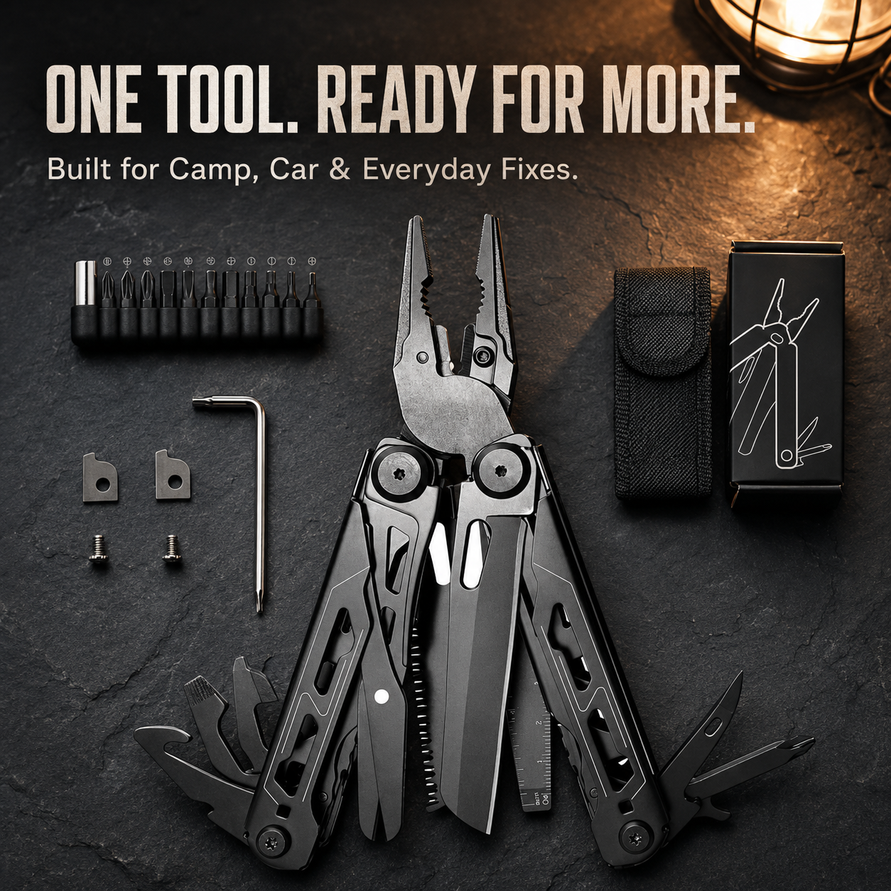 16-in-1 camping multitool with full-size scissors and accessories