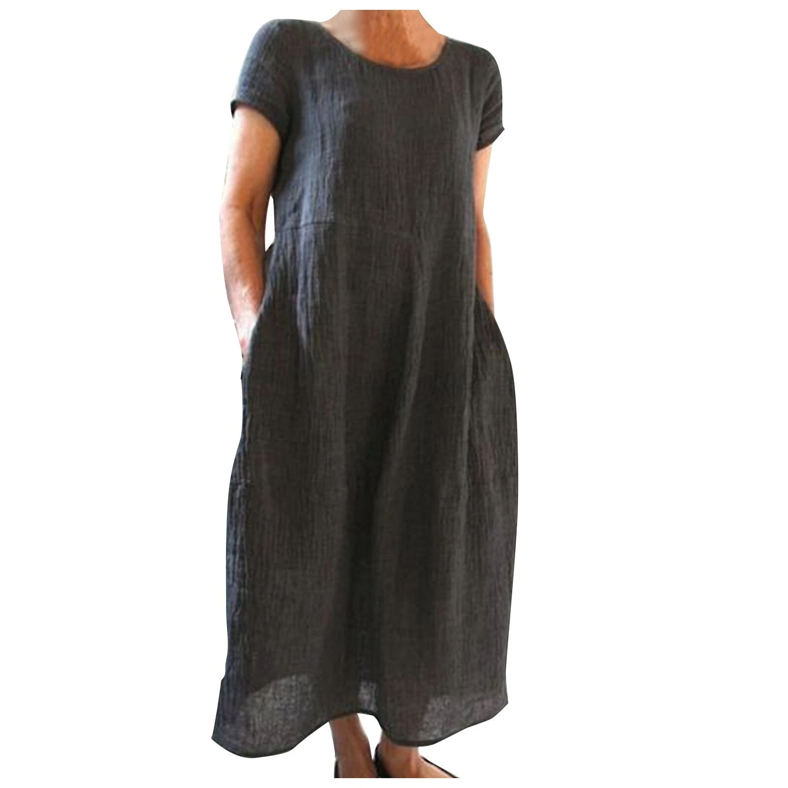Casual Women's Short Sleeve Holiday Linen Cotton Long Loose Dress PLUS SIZE