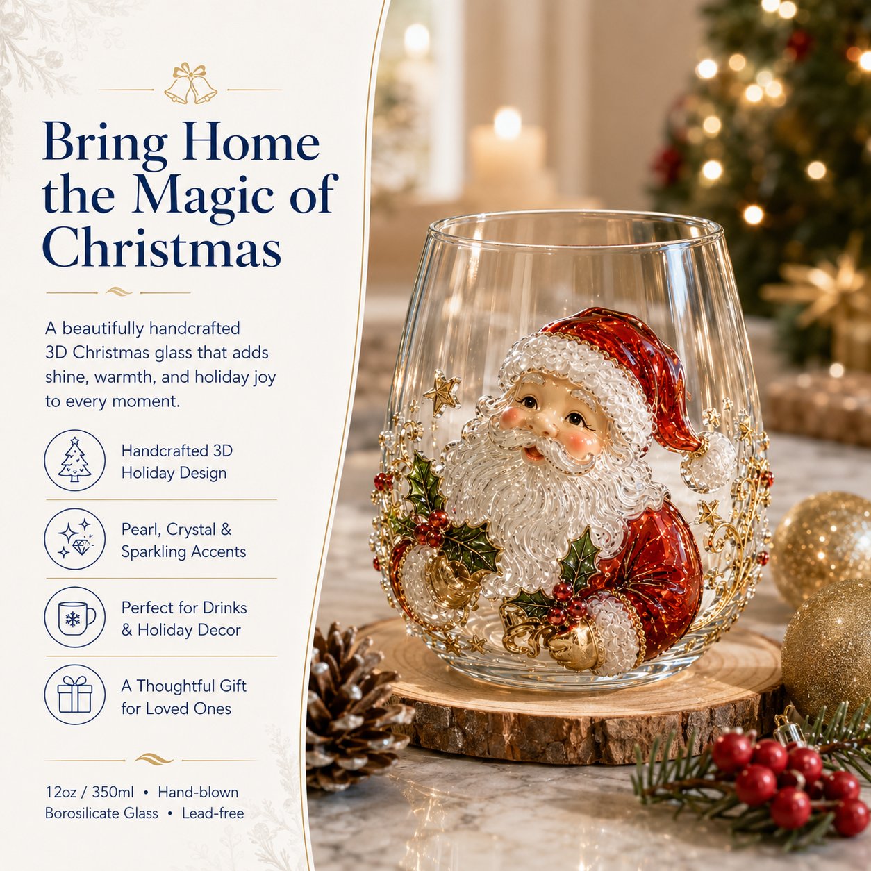 🎄✨ 3D Christmas Glass Art Cup | Luxury Raised Holiday Glassware for Drinks, Decor & Christmas Gifts 🎁