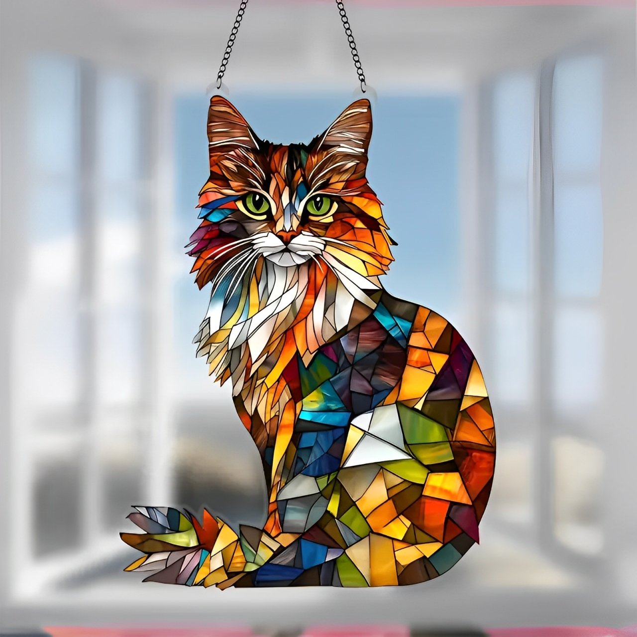 🐱✨ Longhair Cat Stained Art Ornament (8 inches)
