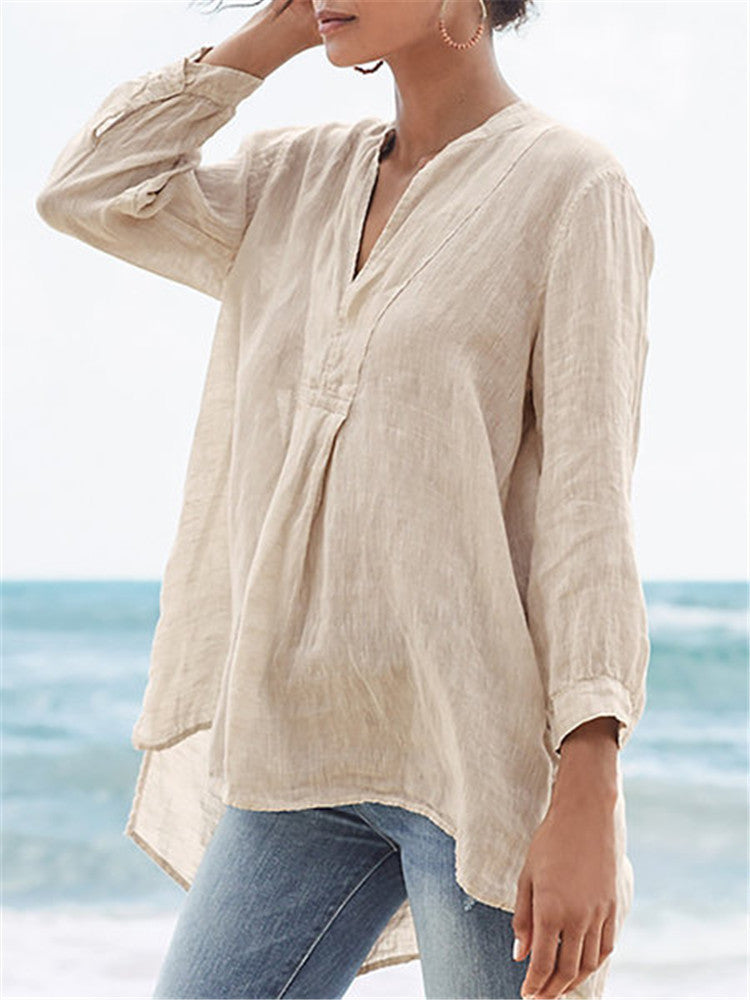 Fashion Linen Solid Color Loose Shirt - S/5XL