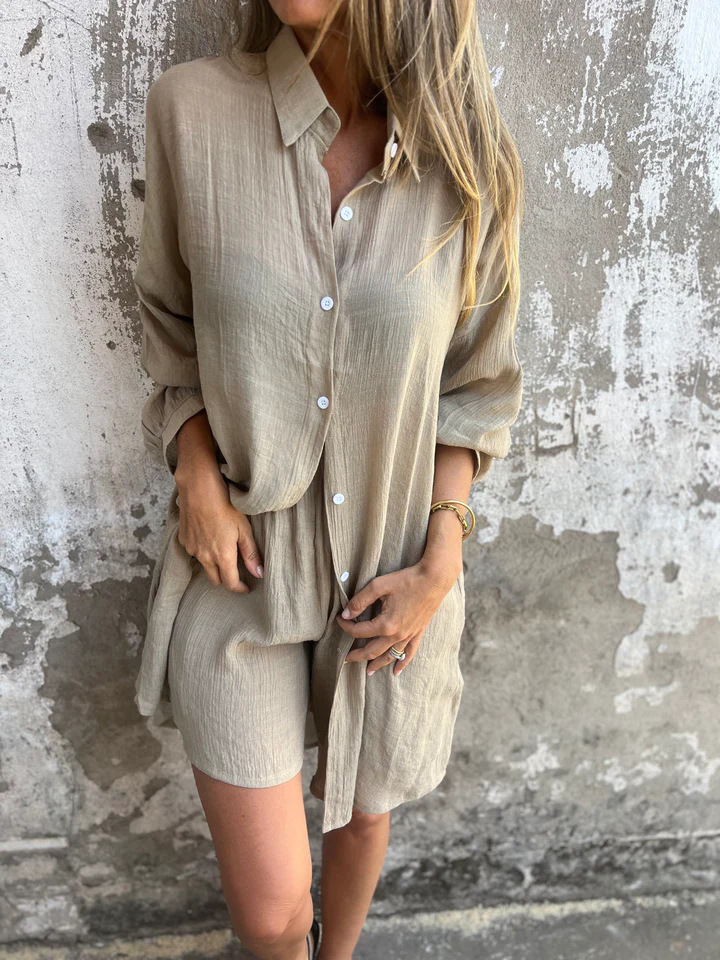 Women'S Casual Solid Color Cotton And Linen Shorts Long Sleeve Wrinkled Shirt Two Piece Set