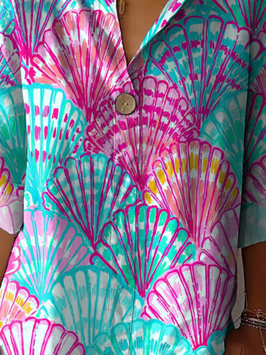 Colorful Sea Shell Pattern Printed Women's Casual Cotton Linen Shirt