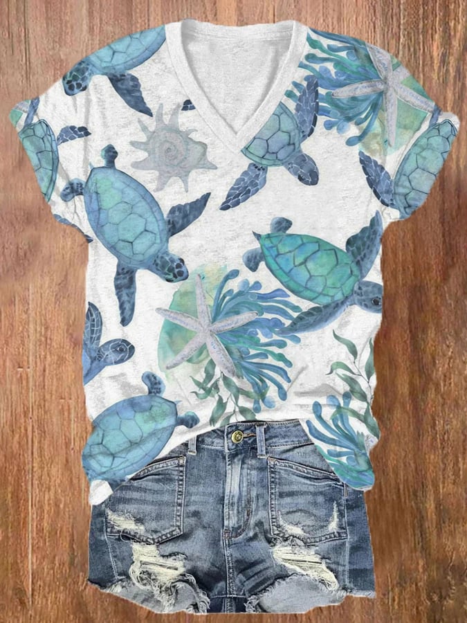 Buy 3 Get 15% Off Women's Hawaiian Turtle Print Casual V-Neck T-Shirt