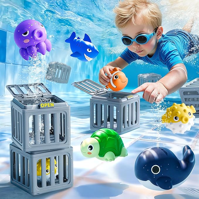 🎁🏖️ Splash & Search Pool Dive Game – 6 Animal Cages + Soft Marine Toys, Ideal for Summer Parties and Swim Practice