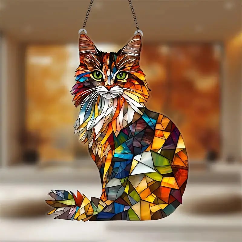 🐱✨ Longhair Cat Stained Art Ornament (8 inches)