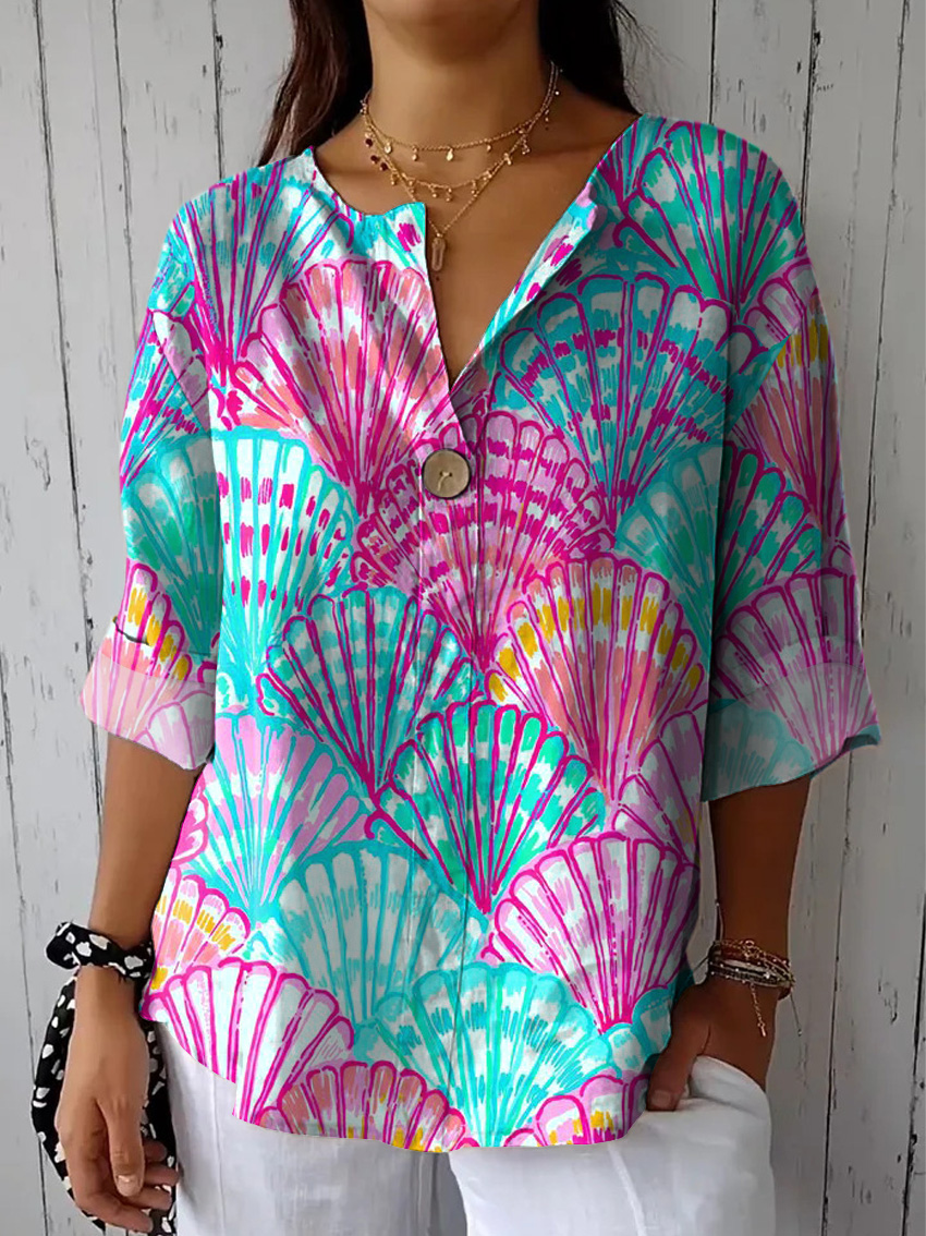 Colorful Sea Shell Pattern Printed Women's Casual Cotton Linen Shirt